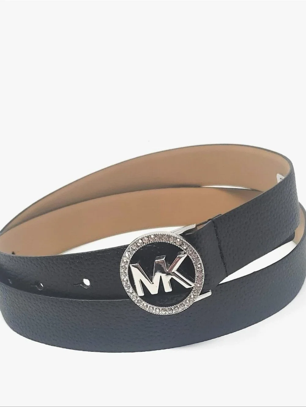 *(Ew)Michael Kors Black Leather Belt with Silver MK Crystal Buckle
